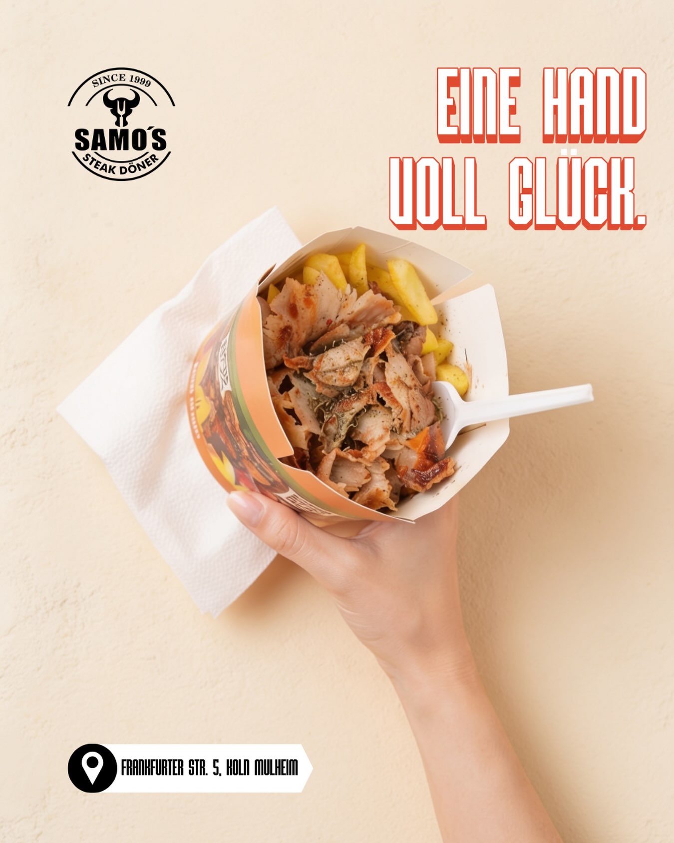Dönerbox mit Fleisch und Pommes in der Hand